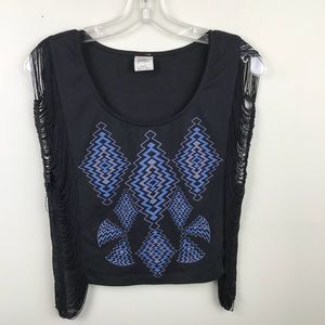Black Poppy Black Aztec Print Crop Top With Fringe Size XS